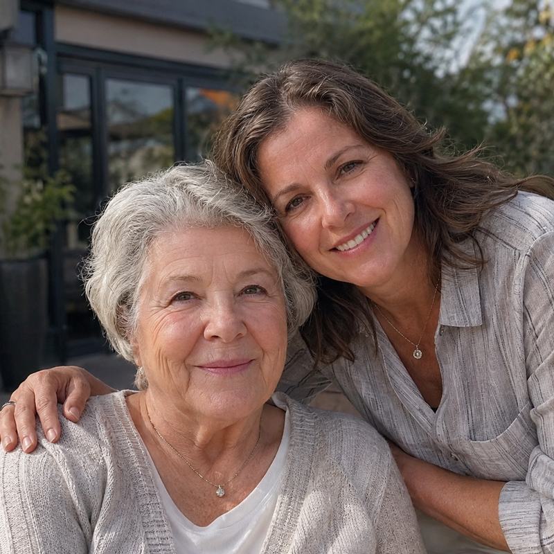 An older woman with short gray hair and a younger woman with brown hair smiling at each other outdoors. The younger woman has her arm around the older woman, who is wearing a light gray knit cardigan over a white top, while the younger woman wears a light gray button-up shirt.