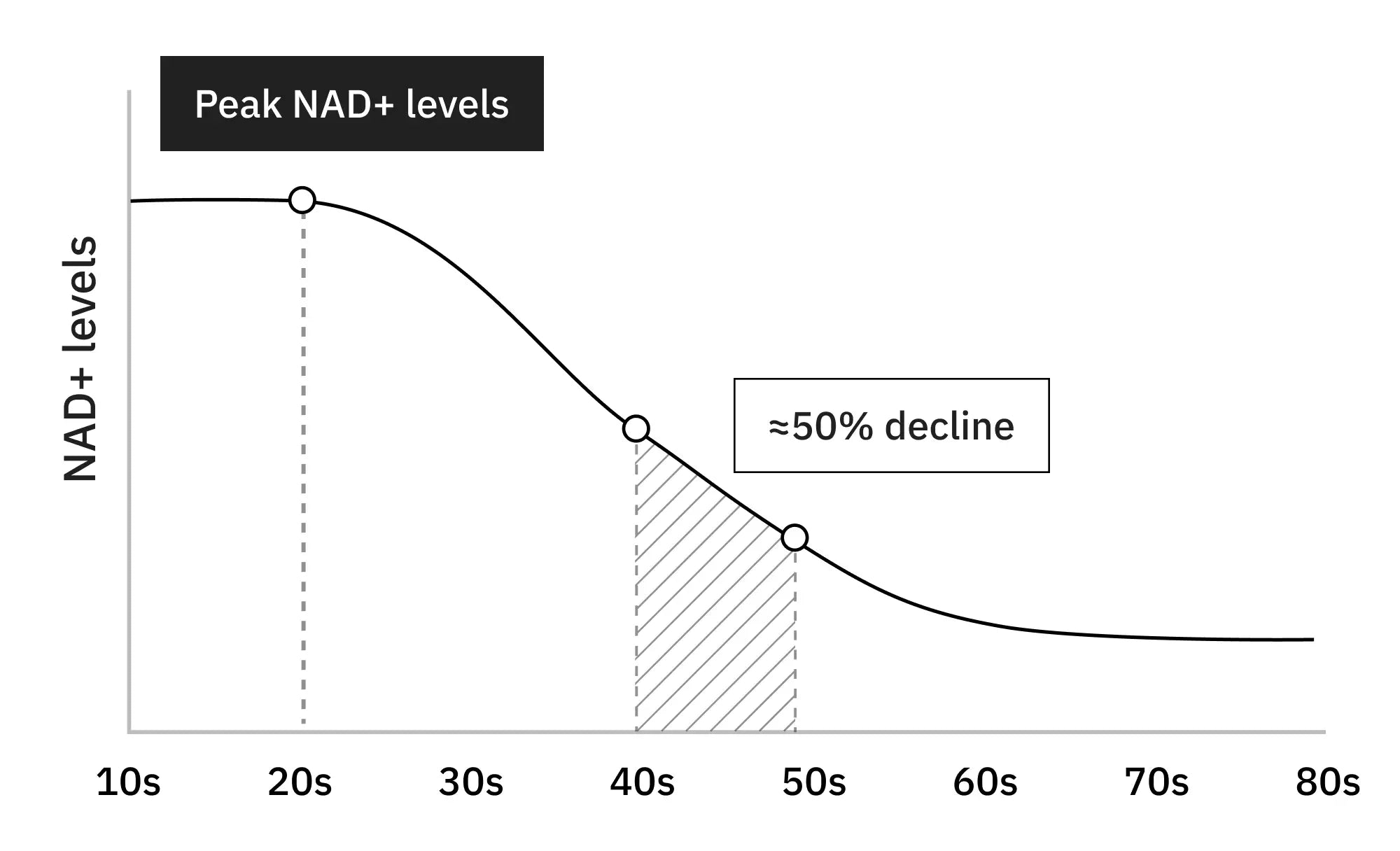 Graph showing NAD+ levels peaking in 20s, declining to 50% by 50s.